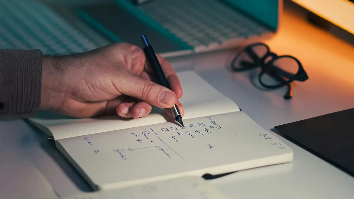 Hand writing a checklist in an open notebook on a desk.
